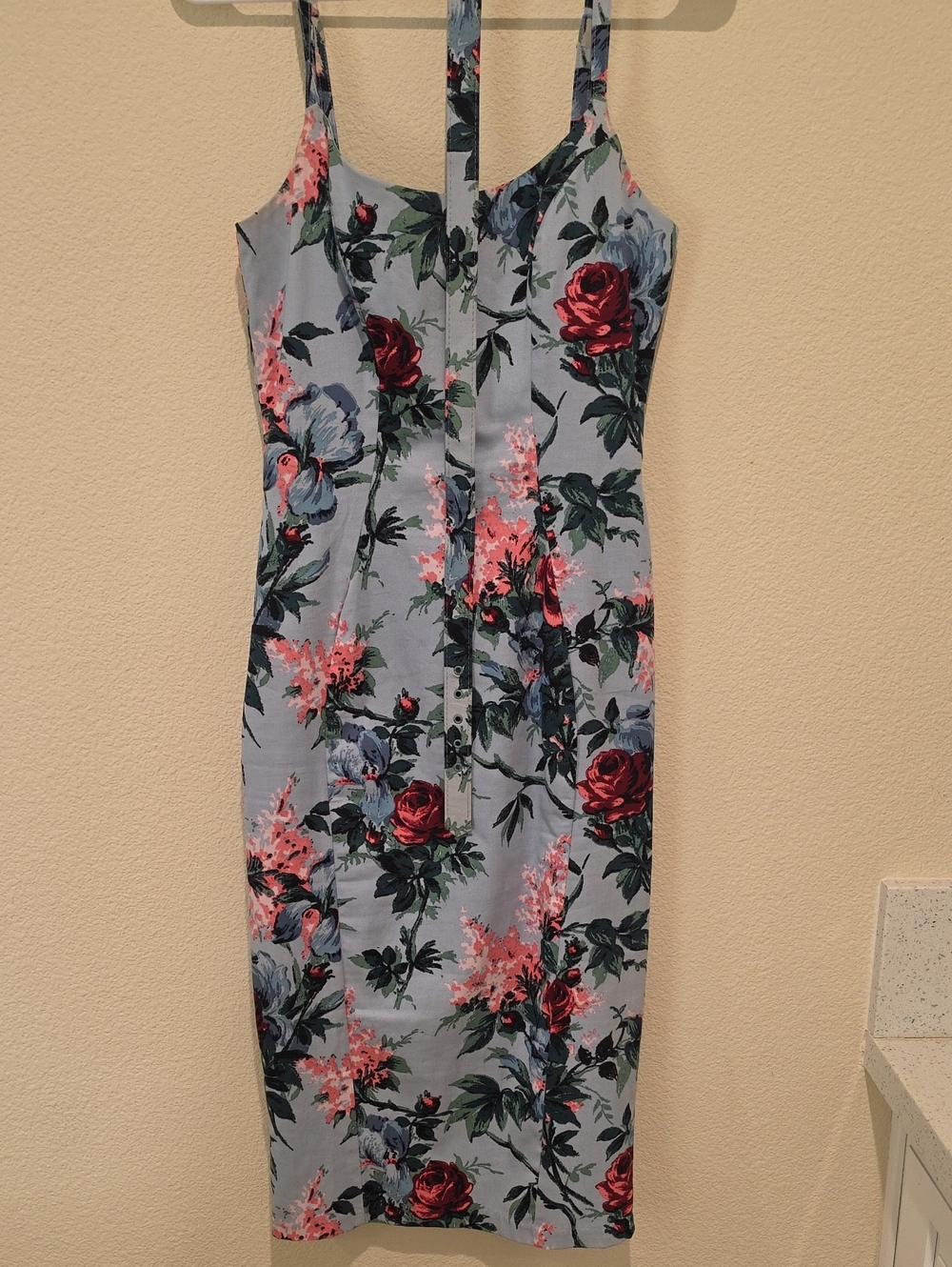 Pinup Couture Light Blue Midi Dress with Red Rose Print